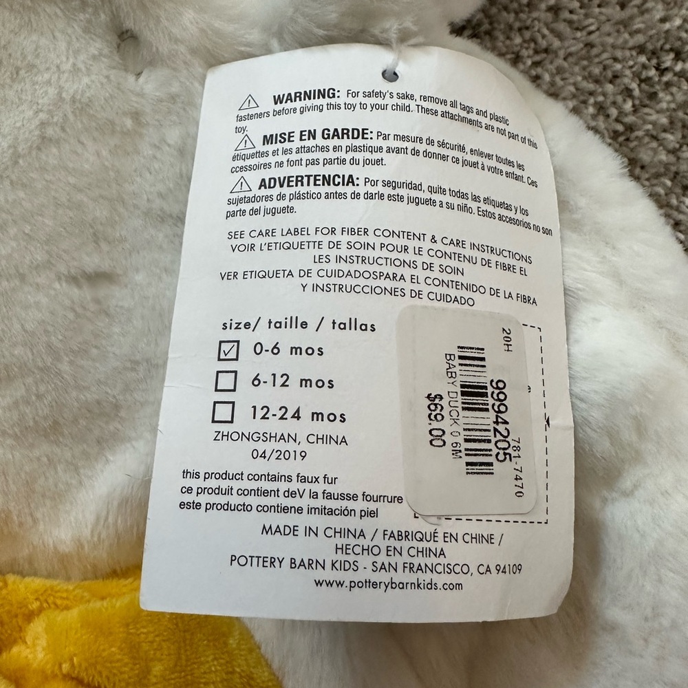Pottery Barn Kids Baby Duck costume 0-6months